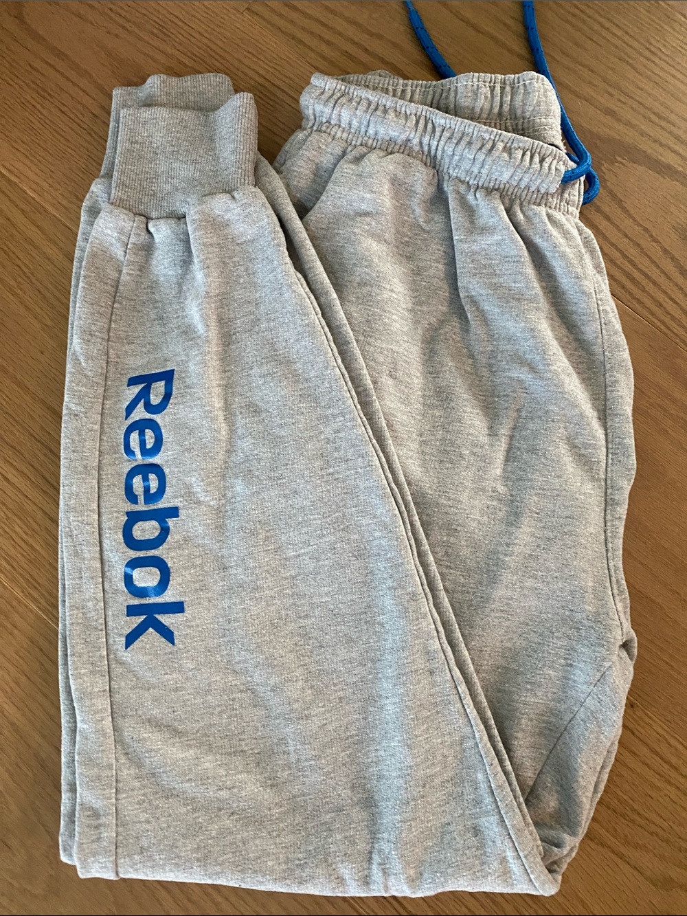 Reebok Grey Sweatpants with Blue Logo and Drawstring